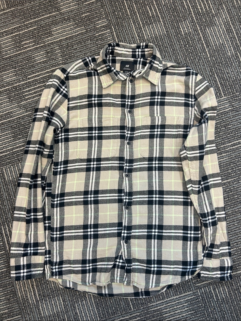 H&M Men’s Black, Cream & Light Green Plaid Button-Down Shirt